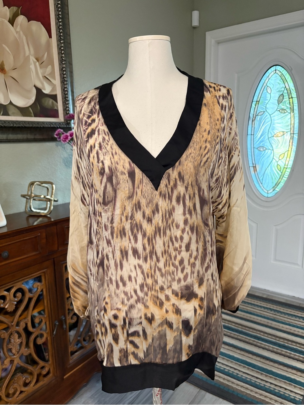 Roberto Cavalli Leopard-Print V-Neck Tunic in Beige and Black